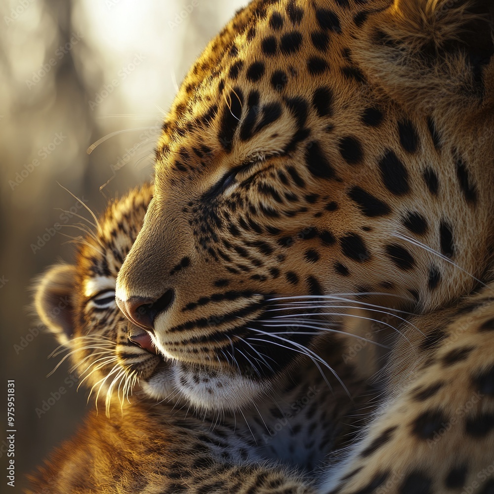 Fototapeta premium Leopard mother showing tenderness to her cub