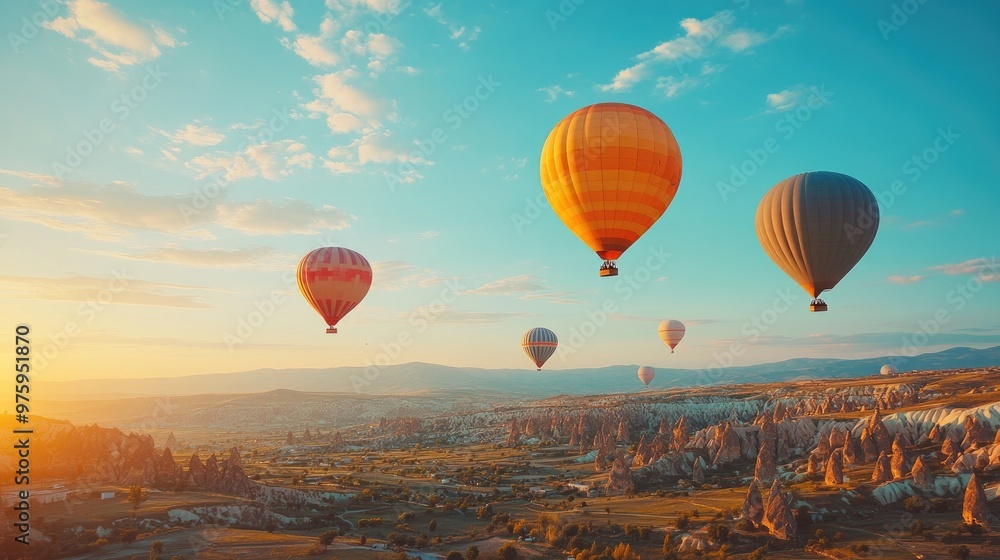 Fototapeta premium Hot air balloons floating over cappadocia turkey during magical sunrise