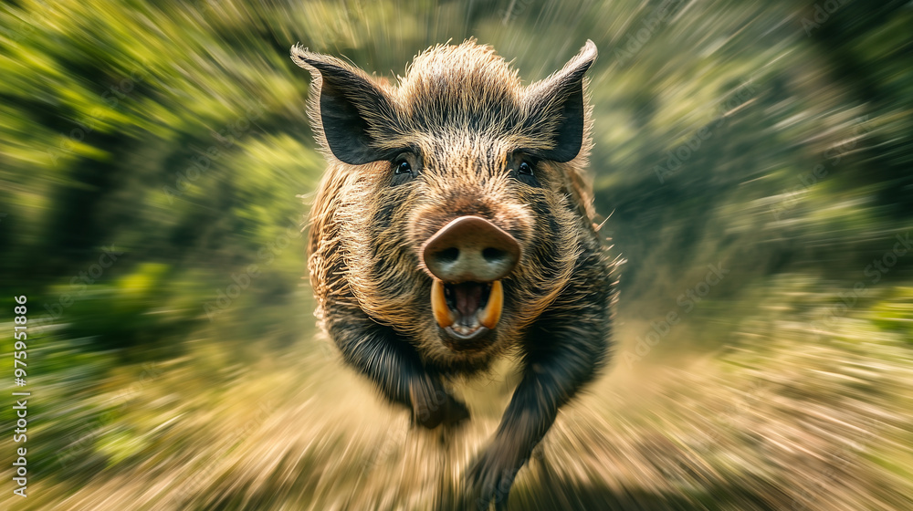 Boar charging toward the camera, Boar attack , angry animal Boar charging toward the camera, Boar attack , angry animal