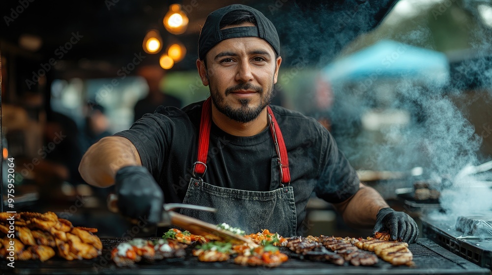 Latin chef preparing street food on grill at outdoor market Latin chef preparing street food on grill at outdoor market