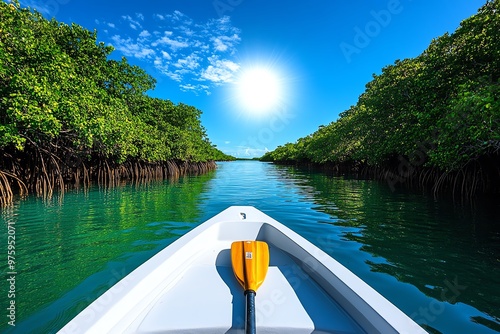 A boat tour through RoatÃ¡nâ€™s mangrove tunnels, with sunlight filtering through the dense canopy and reflecting off the water photo