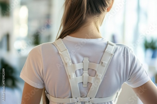 An image of a patient wearing a scoliosis brace, with a focus on the medical device and its role in correcting or managing spinal curvature
