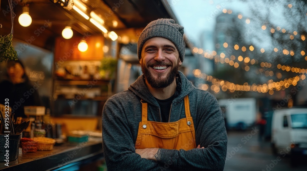 Fototapeta premium Smiling food truck owner posing with crossed arms