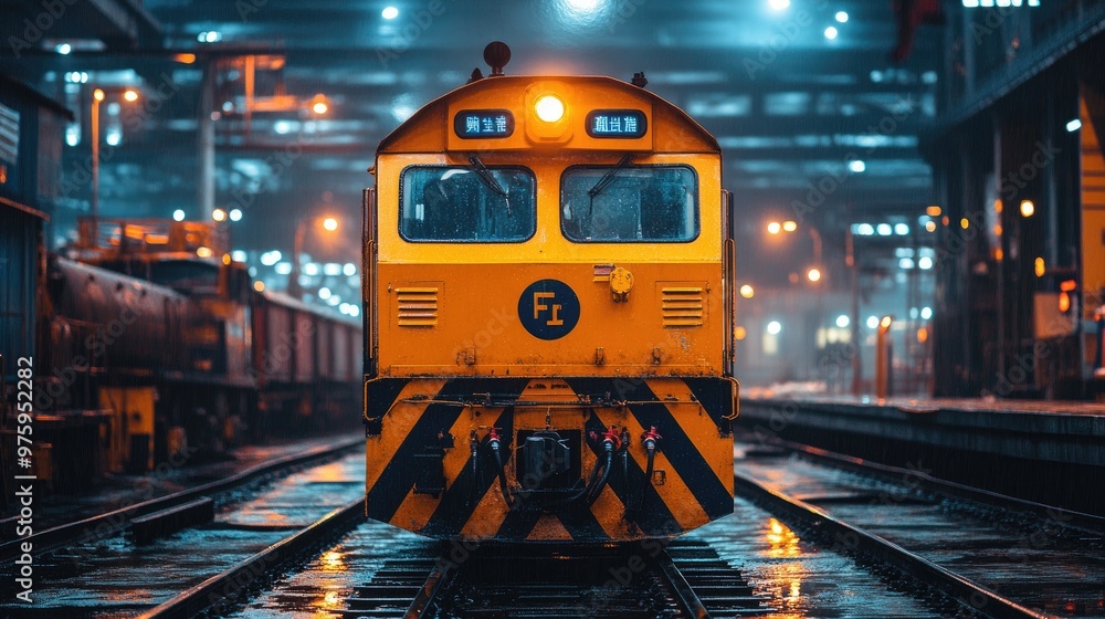 Yellow train engine standing on wet rails at night in train station Yellow train engine standing on wet rails at night in train station