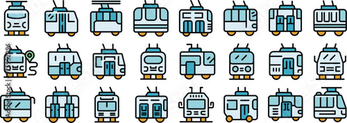 Trolleybus icons set. Outline set of trolleybus vector icons thin line color flat on white background
