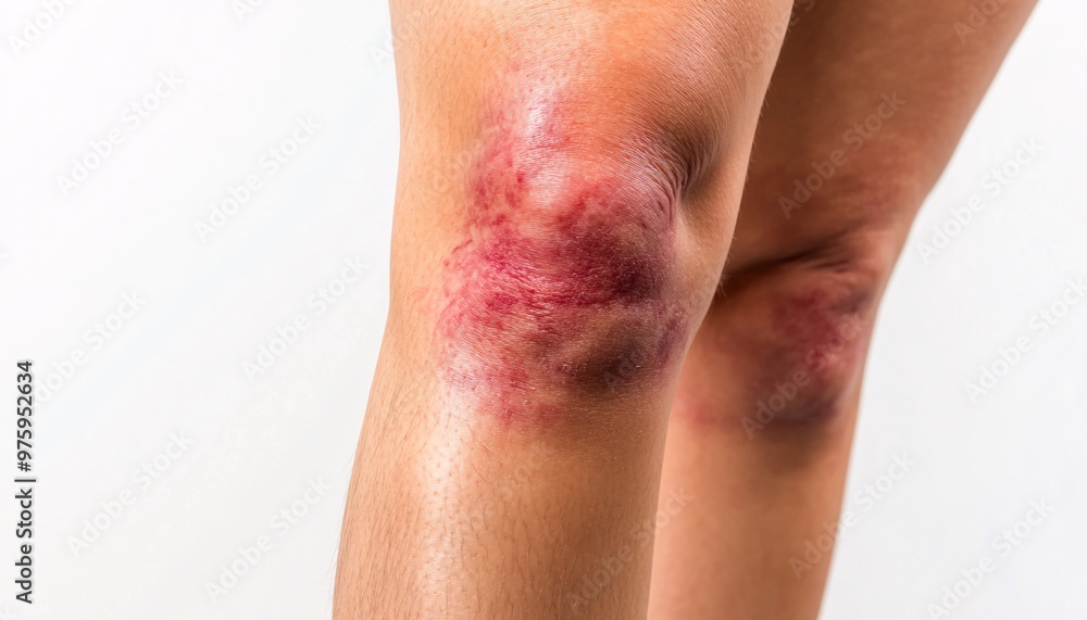 Bruise on Leg Against White Background - An exploration of the concept of bruising, showcasing the intricate colors and textures that symbolize injury and healing. Bruise on Leg Against White Background - An exploration of the concept of bruising, showcasing the intricate colors and textures that symbolize injury and healing.