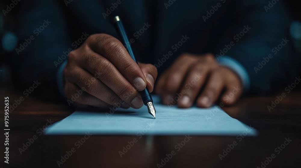 A detailed close-up of a hand gripping a black pen, signing an official document, symbolizing authority, formal agreements, and the legal process. A detailed close-up of a hand gripping a black pen, signing an official document, symbolizing authority, formal agreements, and the legal process.