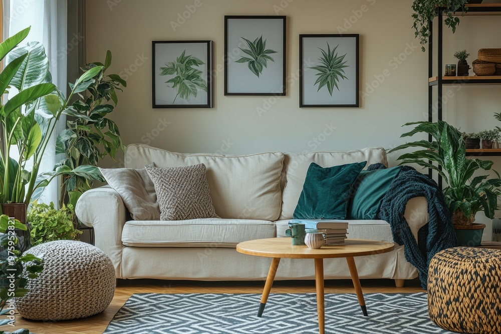 Stylish living room decorated with plants showing urban jungle trend Stylish living room decorated with plants showing urban jungle trend