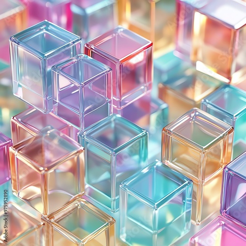 Layers of translucent cubes, colorful reflections, 3D illustration