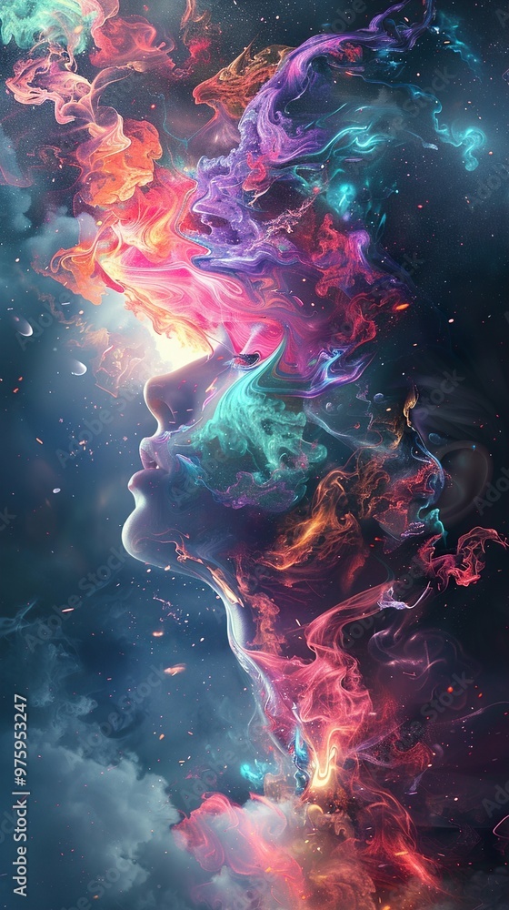 Abstract portrait of a woman with vibrant, swirling colors. Abstract portrait of a woman with vibrant, swirling colors.