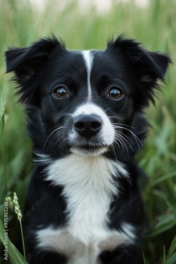 Adorable black and white dog posing in the grass Adorable black and white dog posing in the grass