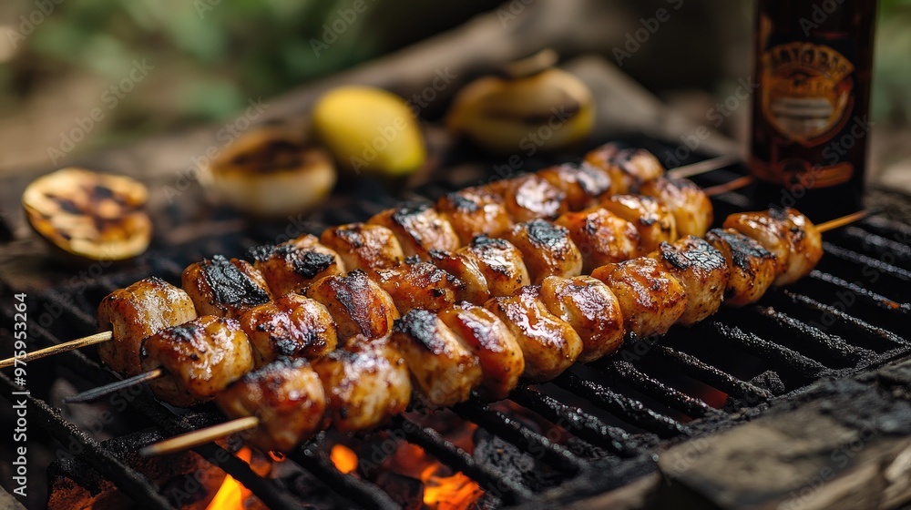 Chicken skewers grilling over hot coals for summer barbecue party Chicken skewers grilling over hot coals for summer barbecue party
