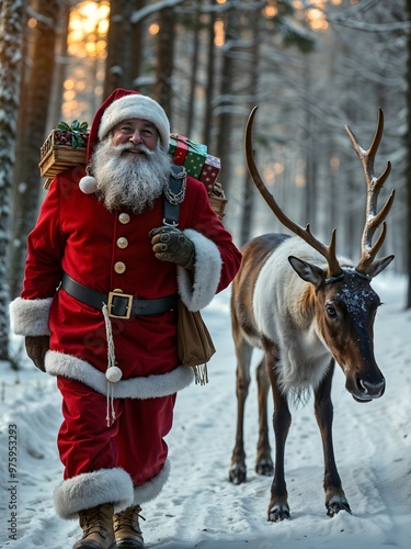Happy Santa Claus is walking along a snowy forest path, carrying a large bag of gifts over his shoulder. By his side walks a majestic reindeer. 