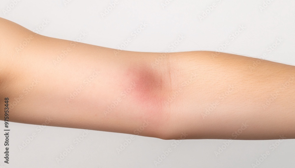 Close-up of a bruise on skin captured against a stark white background showcasing the impact of injury. Concept: Bruised. Close-up of a bruise on skin captured against a stark white background showcasing the impact of injury. Concept: Bruised.