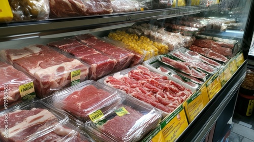 The RimPing supermarket offers a large assortment of fresh meat. Plastic-wrapped beef and pork that is kept in the freezer photo