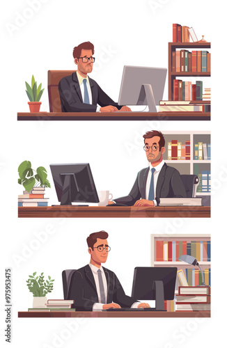 Man lawyer cartoon vector ideas. Office suit male lamp desk screen telephone fax storage files paperwork seated figure legal advisor individual, isolated illustrations