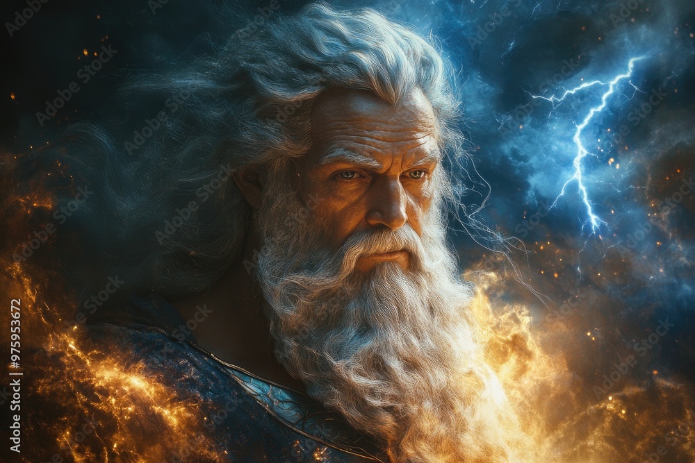 Zeus god of thunder is summoning lightning in a stormy sky