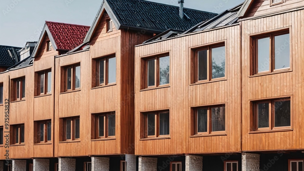 Obraz premium Closeup of wooden facade with windows on a row of townhouses.