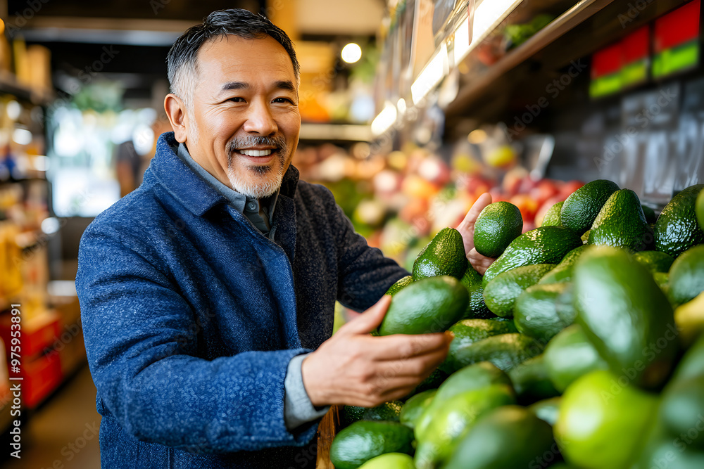 Fototapeta premium Middle age Asian man in blue coat shopping for green avocados in the produce section of a supermarket. Healthy lifestyle.