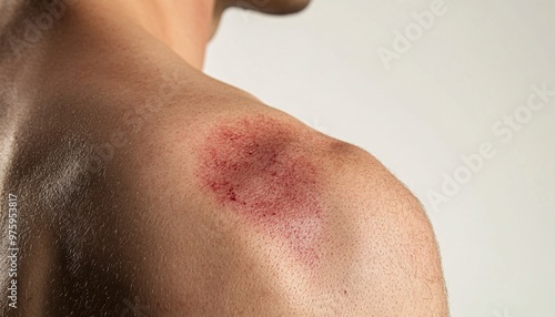 Close-up of a bruised shoulder on a solid white background highlighting vulnerability and injury. The image evokes the concept of bruised and the complexity of physical trauma.