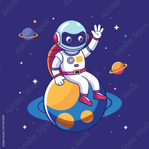 Cute Astronaut With Hand Peace Cartoon . Space Technology Icon Concept Isolated . Flat Cartoon Style