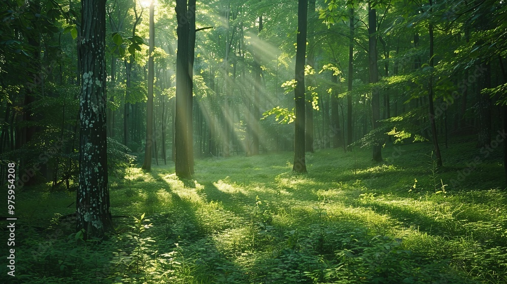 Obraz premium Sunbeams Illuminating a Lush Forest Floor