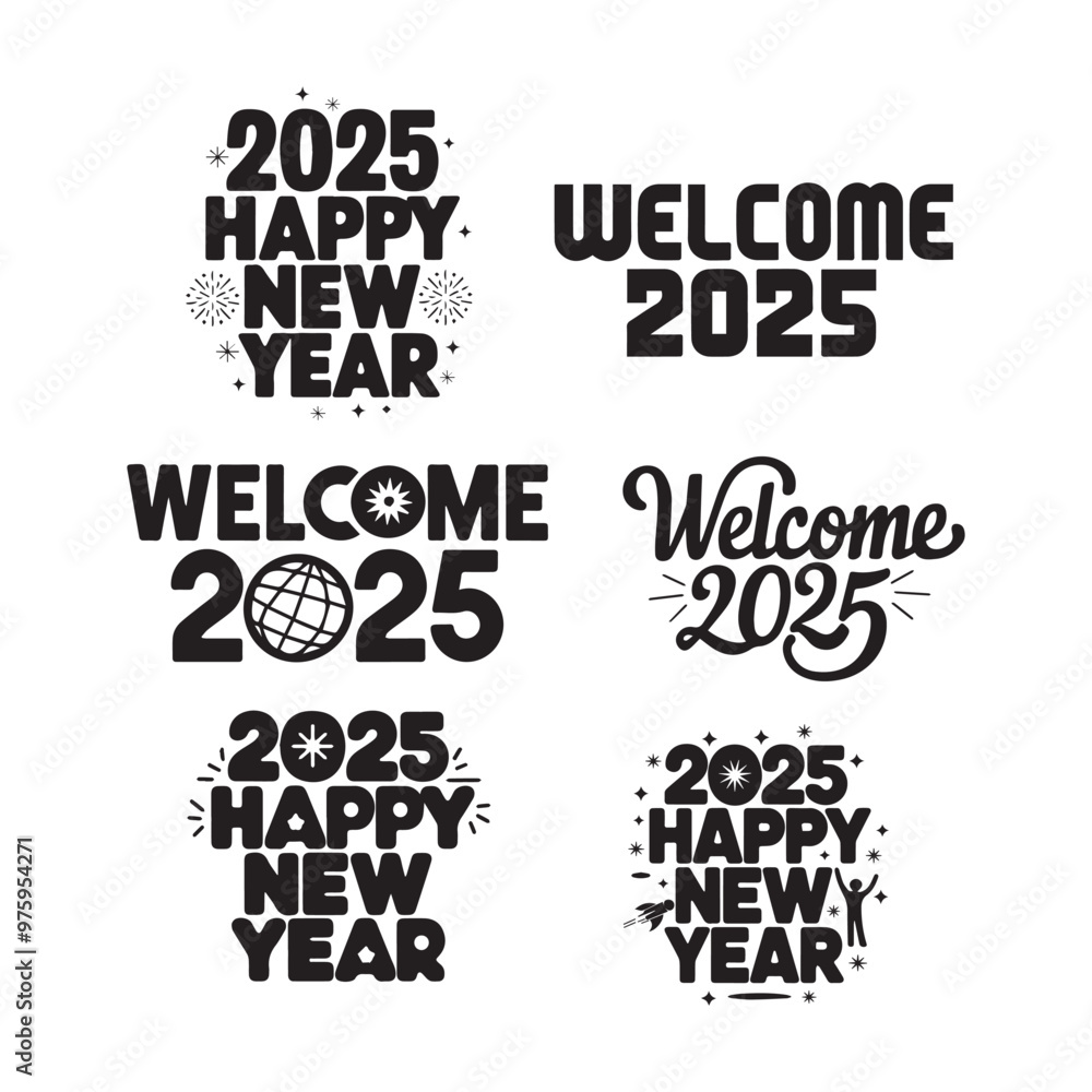 Obraz premium A collection of Happy New Year 2025, vectors, and illustrations with a white background.