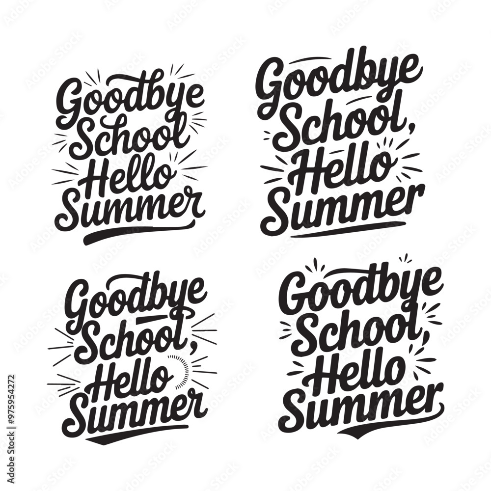 A collection of Goodbye School Hello Summer typography, vectors, and illustrations on a white background A collection of Goodbye School Hello Summer typography, vectors, and illustrations on a white background