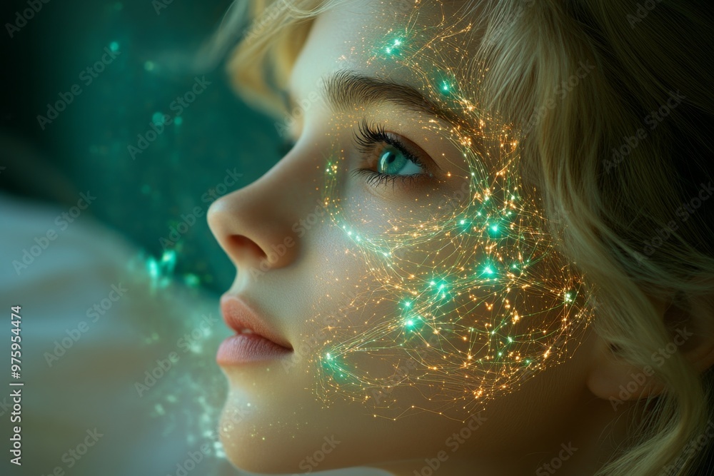 Close up of a young woman’s face illuminated by glowing green particles symbolizing creativity imagination and a magical connection to nature in a warm peaceful atmosphere of light and beauty Close up of a young woman’s face illuminated by glowing green particles symbolizing creativity imagination and a magical connection to nature in a warm peaceful atmosphere of light and beauty