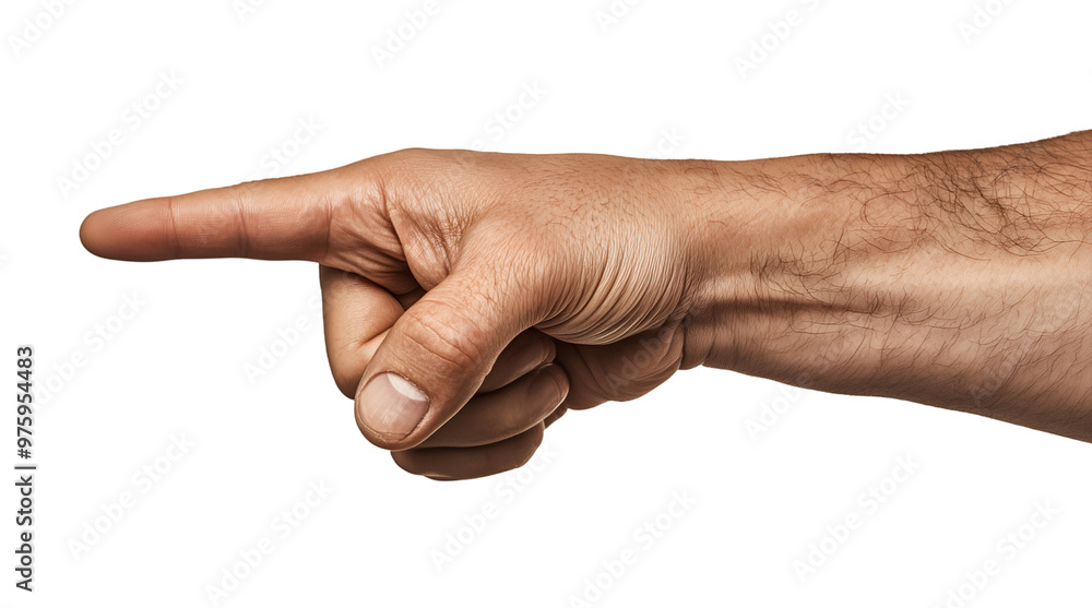 Male hand pointing with an extended index finger for gestures and direction concepts, Cutout, Isolated on White Background