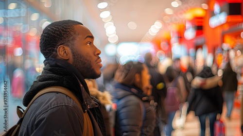 A Young Man in a Crowd, Looking Away with a Backpack