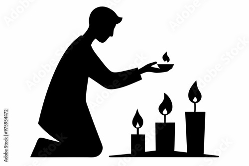 Lighting candles to symbolize hope and renewal, silhouette black color vector art illustration