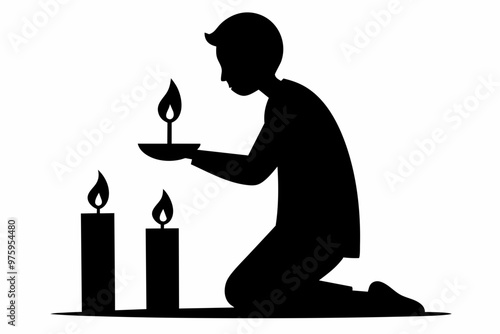 Lighting candles to symbolize hope and renewal, silhouette black color vector art illustration