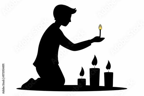 Lighting candles to symbolize hope and renewal, silhouette black color vector art illustration