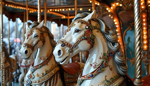 Art Deco carousel featuring elegant streamlined horses in vibrant colors and intricate designs photo