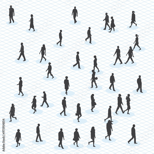 Silhouette isometric top view of people walking and standing.