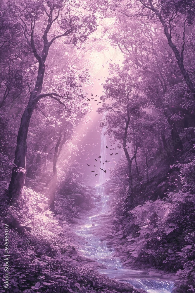 Enchanting purple forest path with magical light, fantasy landscape Enchanting purple forest path with magical light, fantasy landscape