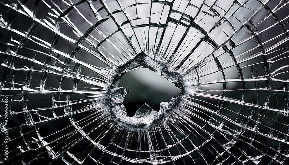Obraz premium Create a high-resolution photograph of a shattered glass pane with intricate cracks radiating