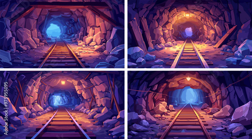 Mine passage cartoon vector concepts. Stones boulders underground shaft cavern railways timber planks gold extraction miners quarry derelict crypts scenes illustrations