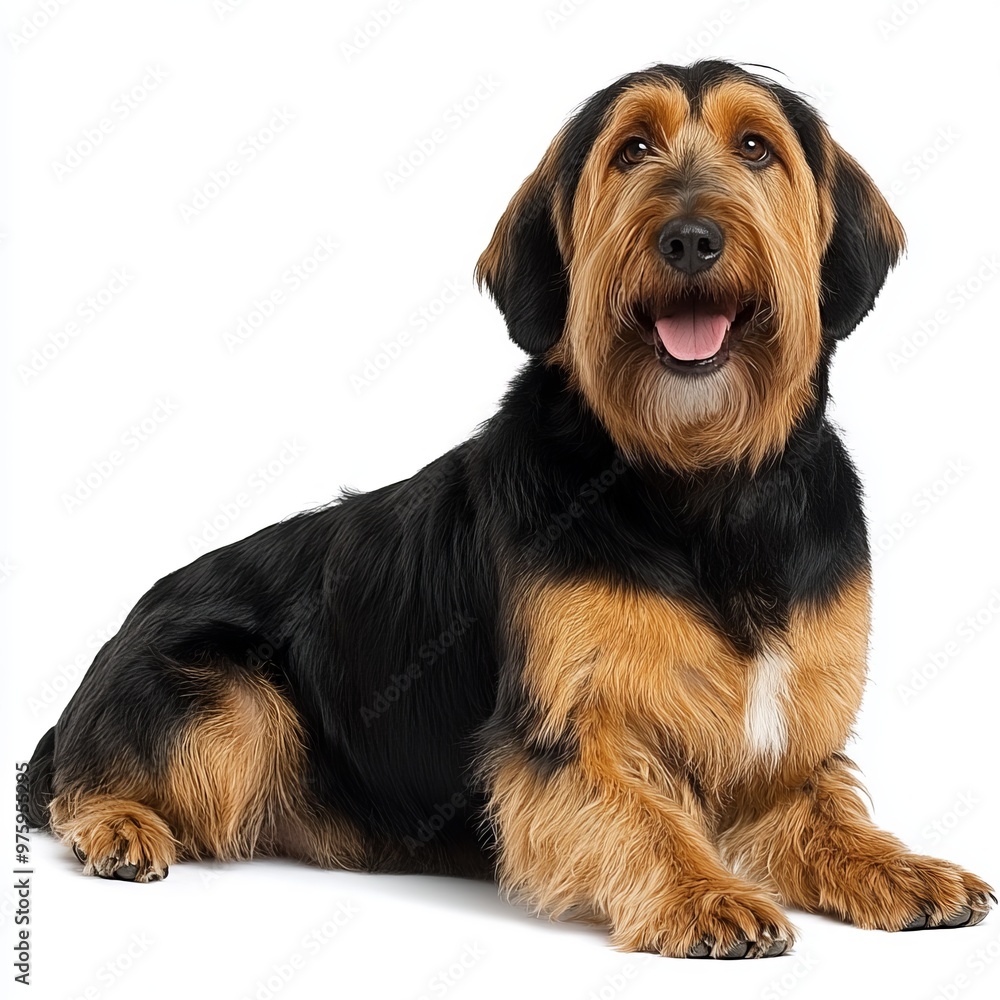 A cute, black and tan Otterhound dog sits with its paws forward on a white background, displaying its fluffy fur and relaxed pose. A cute, black and tan Otterhound dog sits with its paws forward on a white background, displaying its fluffy fur and relaxed pose.