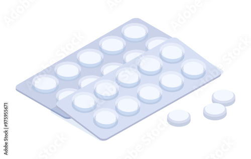Isometric pills blister. Realistic drugs package, drugstore tabs in pack, pharmaceutical medical care 3d vector illustration. Pharmacy medications on white