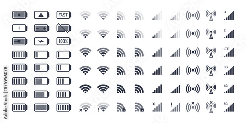 Smartphone wifi and battery icons. Mobile phone indicators, battery charge levels, 5G and wifi signal strength icons flat vector illustration set. Network wireless symbols