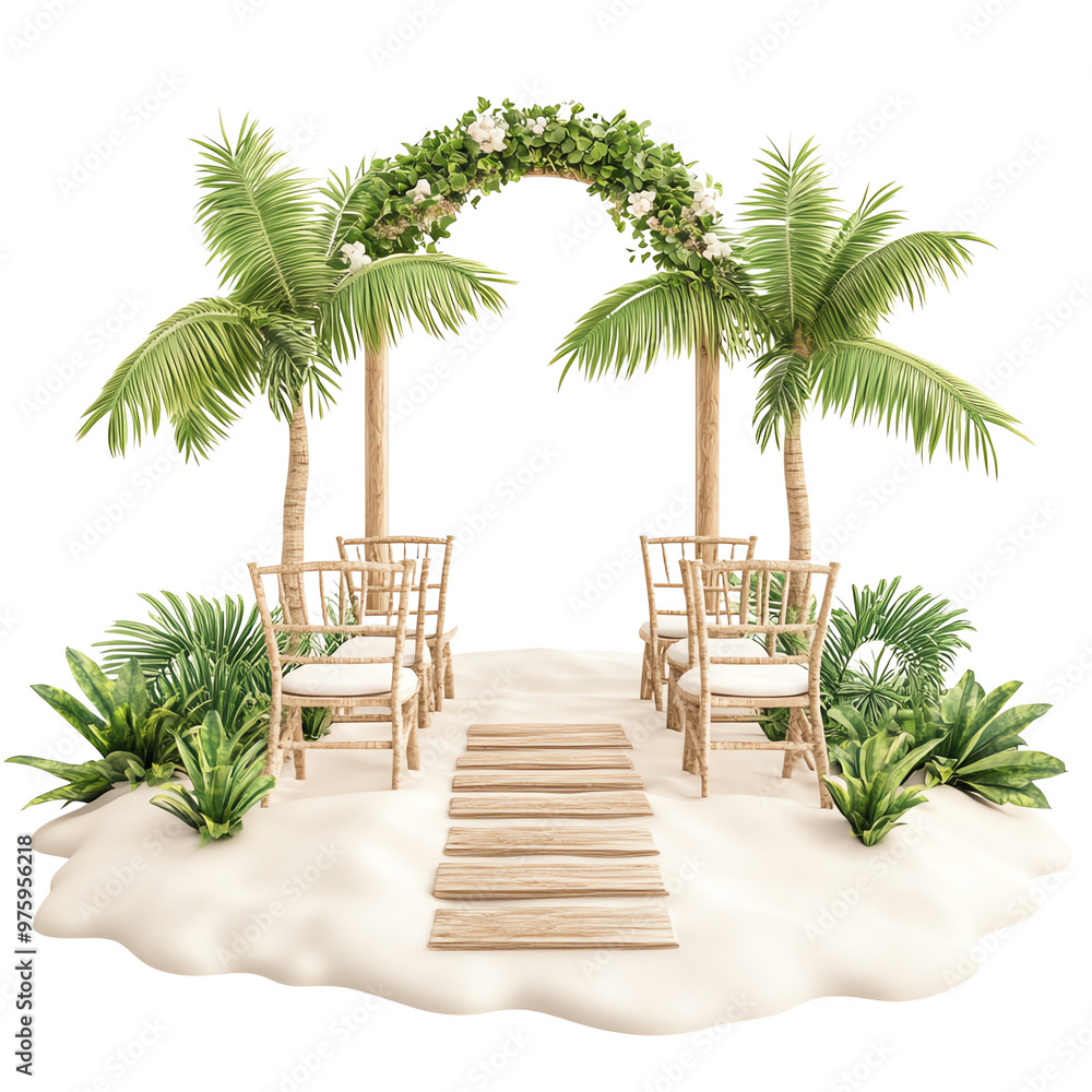 Fototapeta premium Tropical beach wedding setup with an arch, chairs, and palm trees