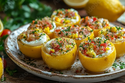 The lemons filled with flaky fish, hard-boiled eggs, colorful vegetables, and creamy cream cheese.