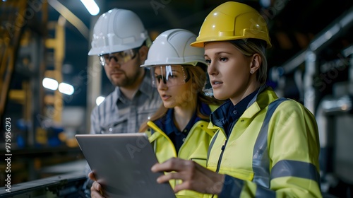 Three engineers wearing hard hats and safety vests examine a digital tablet while standing in a factory.