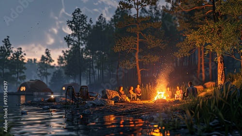 Campfire Gathering by a Lake at Dusk