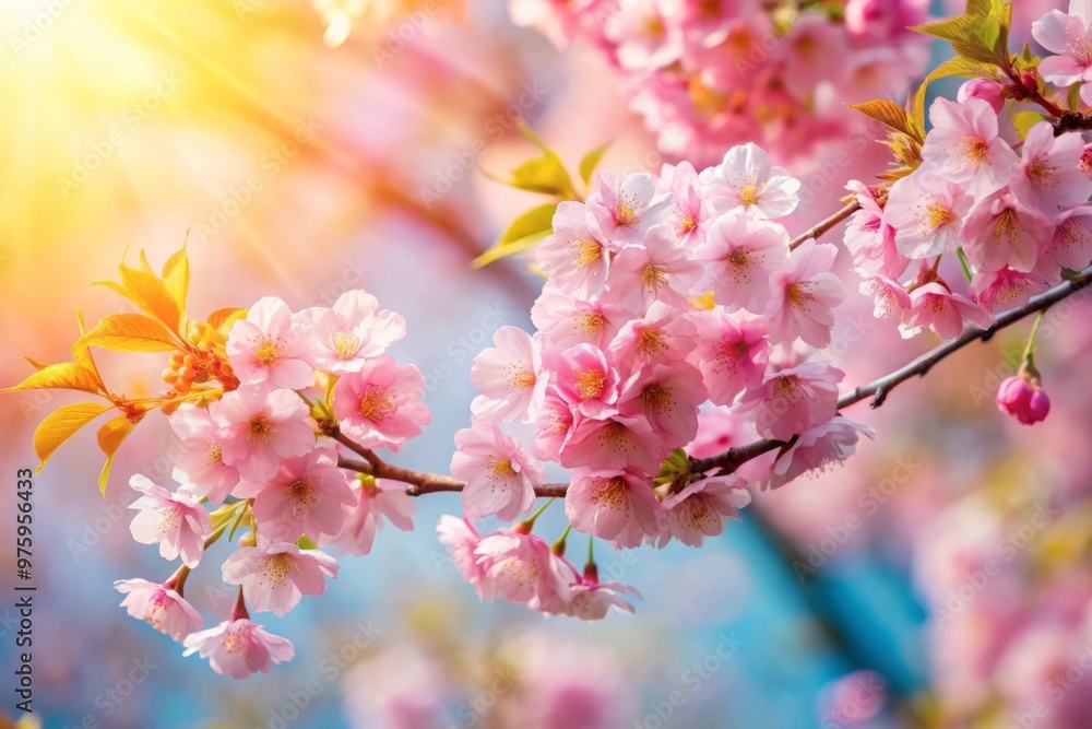 Banner with sakura branches on the background of sun rays Banner with sakura branches on the background of sun rays