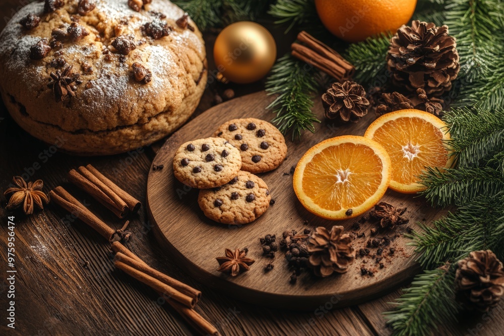 rustic wooden table, adorned with a collection of Christmas ingredients. In the center, a wooden board holds a selection of freshly baked cookies rustic wooden table, adorned with a collection of Christmas ingredients. In the center, a wooden board holds a selection of freshly baked cookies