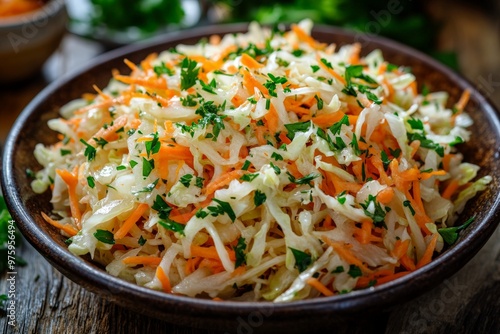 Lahanosalata Greek Cabbage Salad on a wooden table