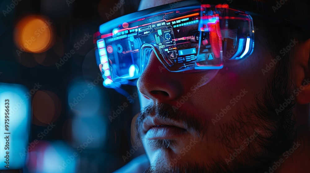 A Close-Up of a Man Wearing Futuristic Augmented Reality Glasses A Close-Up of a Man Wearing Futuristic Augmented Reality Glasses